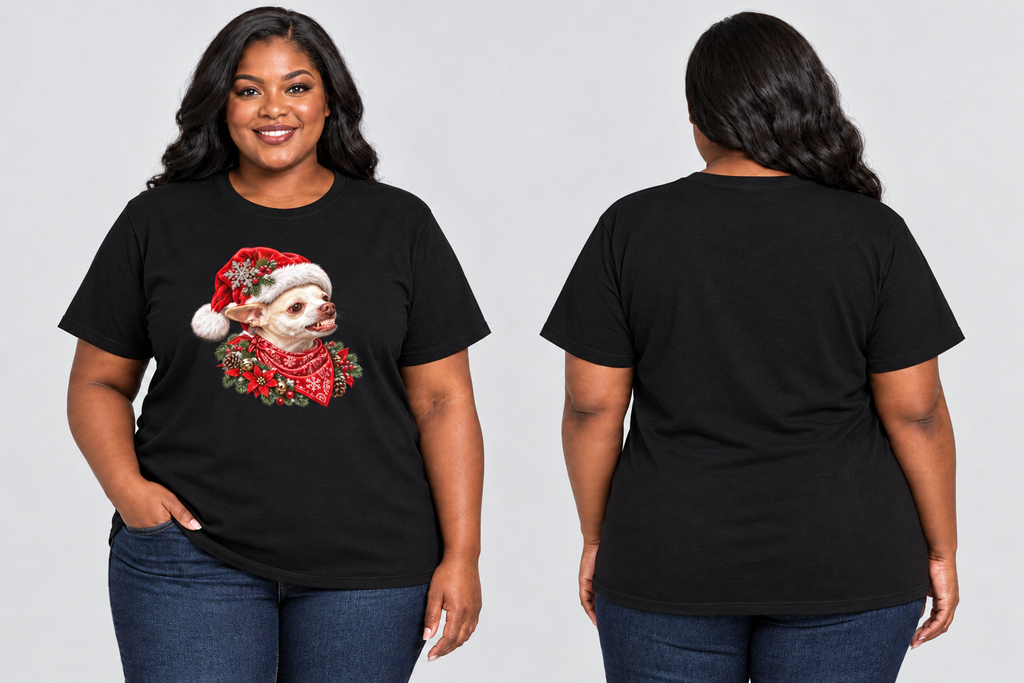 Plus-size Black model wearing the black Coco Christmas tee, front and back