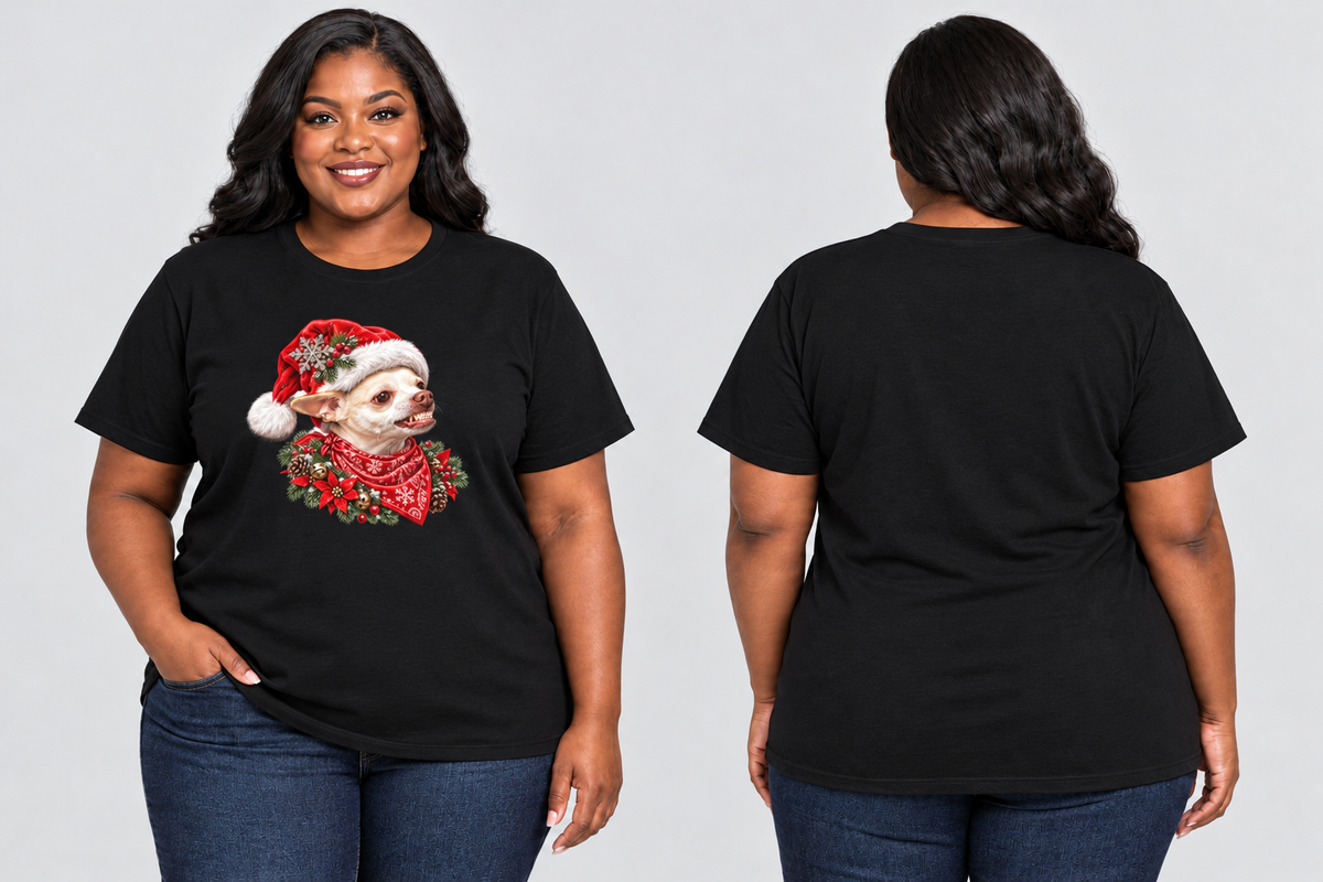 Plus-size Black model wearing the black Coco Christmas tee, front and back