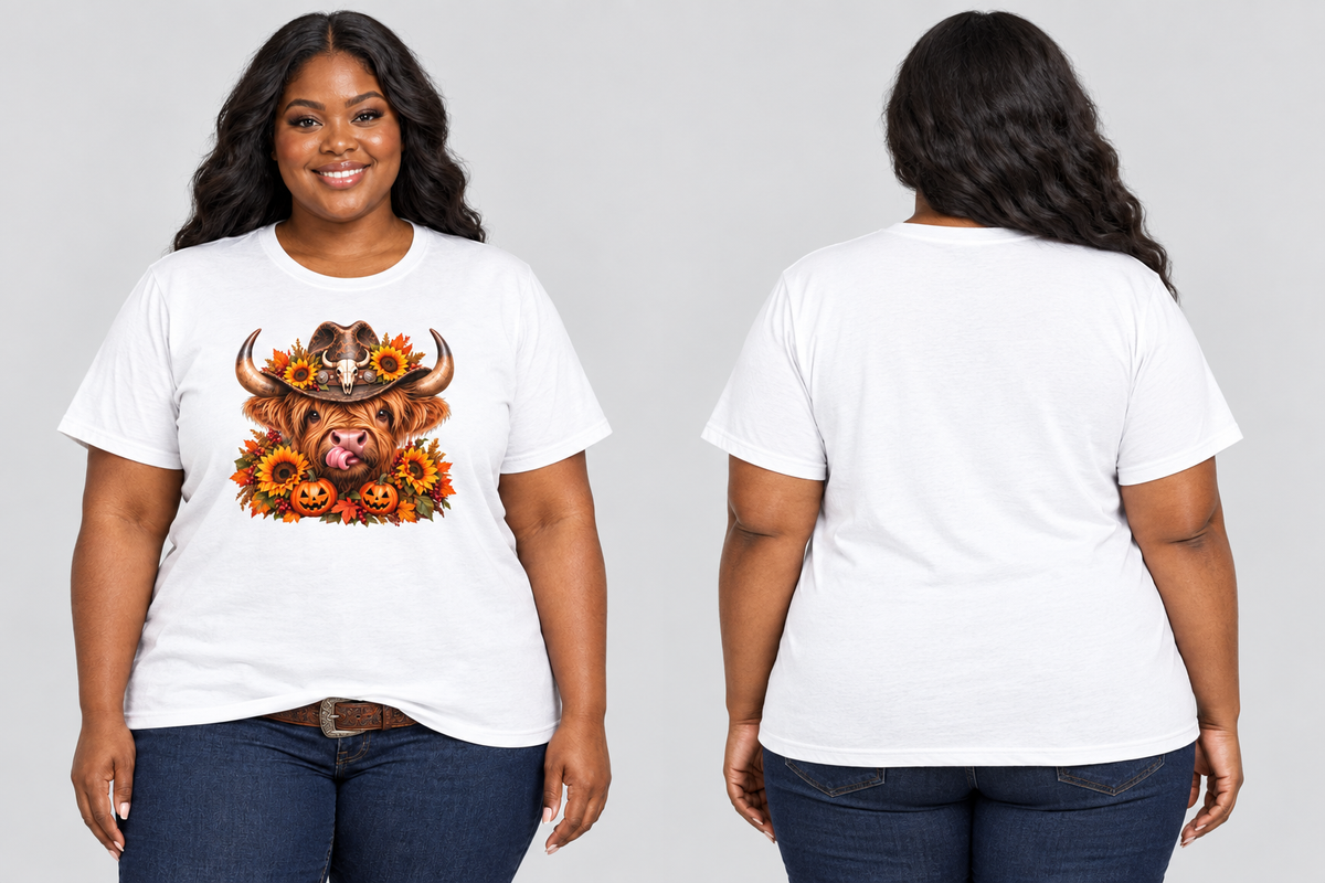 Plus-size Black model wearing the white Highland Cow Halloween tee, front and back