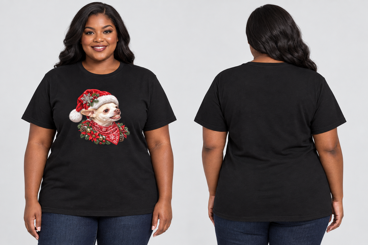 Plus-size Black woman wearing the black Coco Christmas tee, front and back
