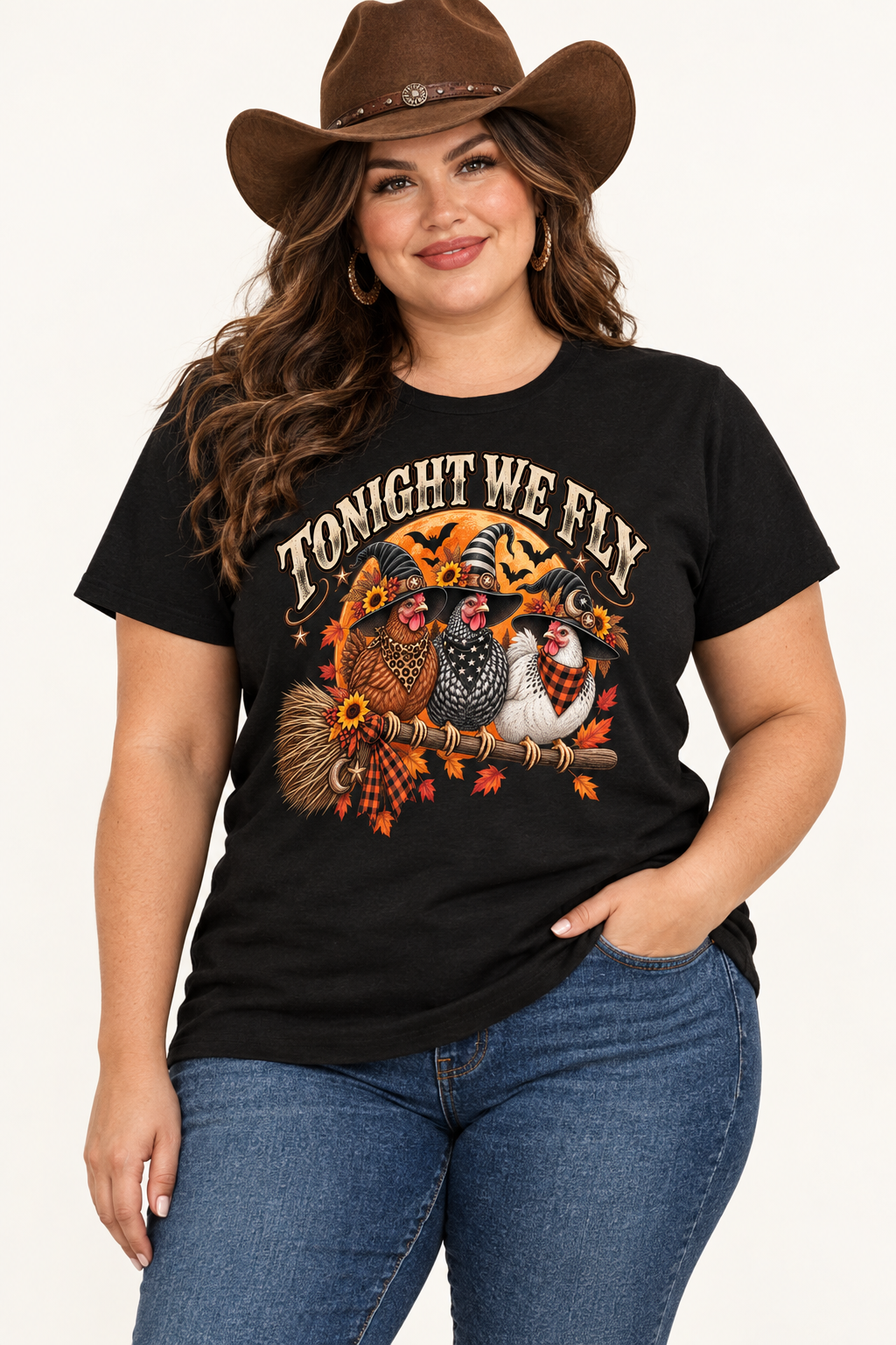 Plus-size cowgirl wearing the black Witchy Hens tee