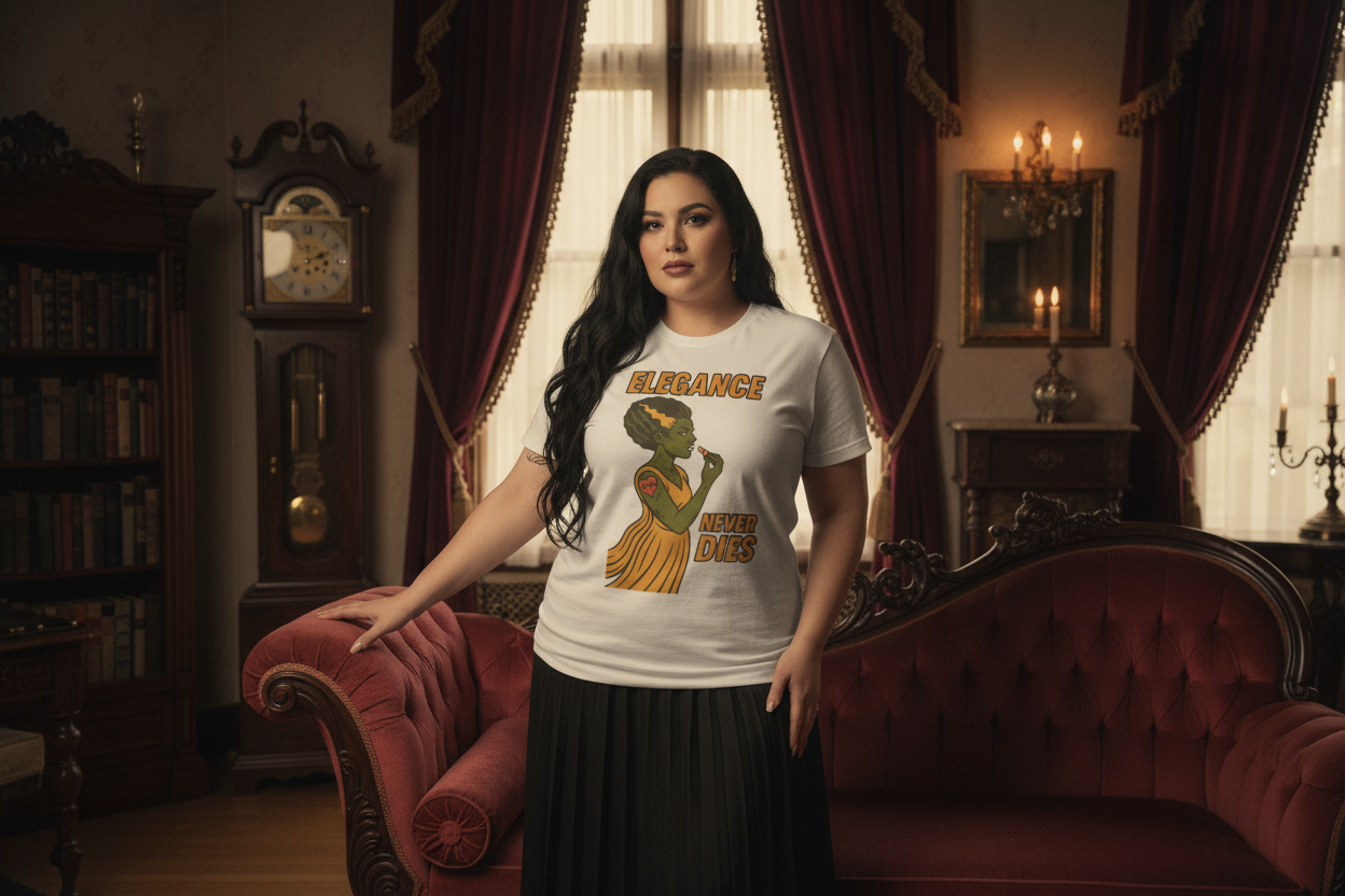 Plus-size model in sophisticated vintage parlor