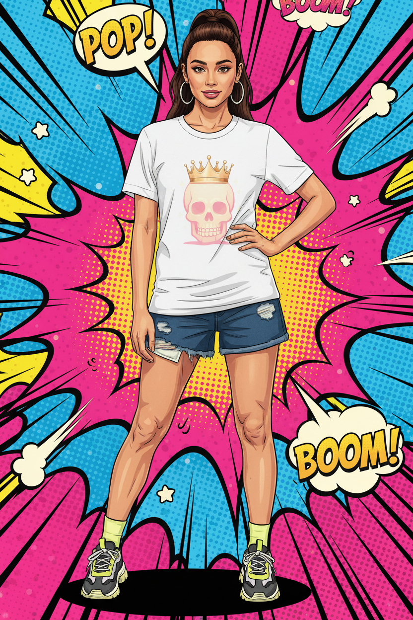 Pop art style mockup of woman wearing Crowned Skull Tee