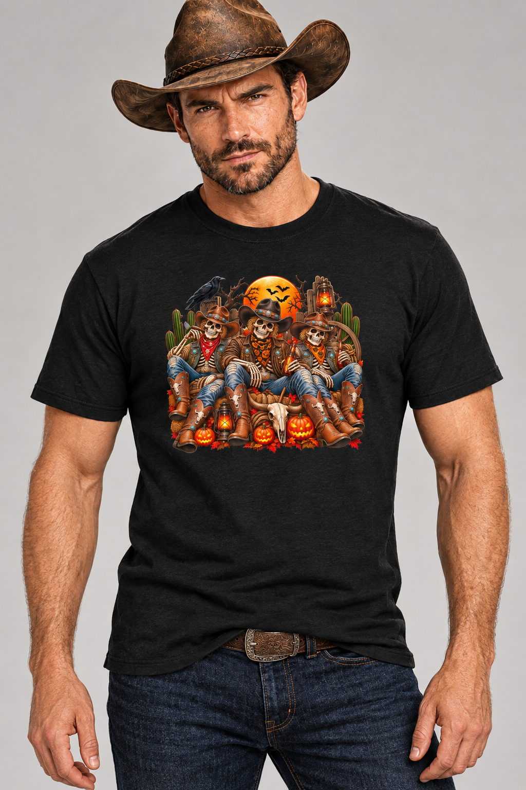 Professional close-up feature shot of rugged cowboy wearing the black skeleton cowboy tee