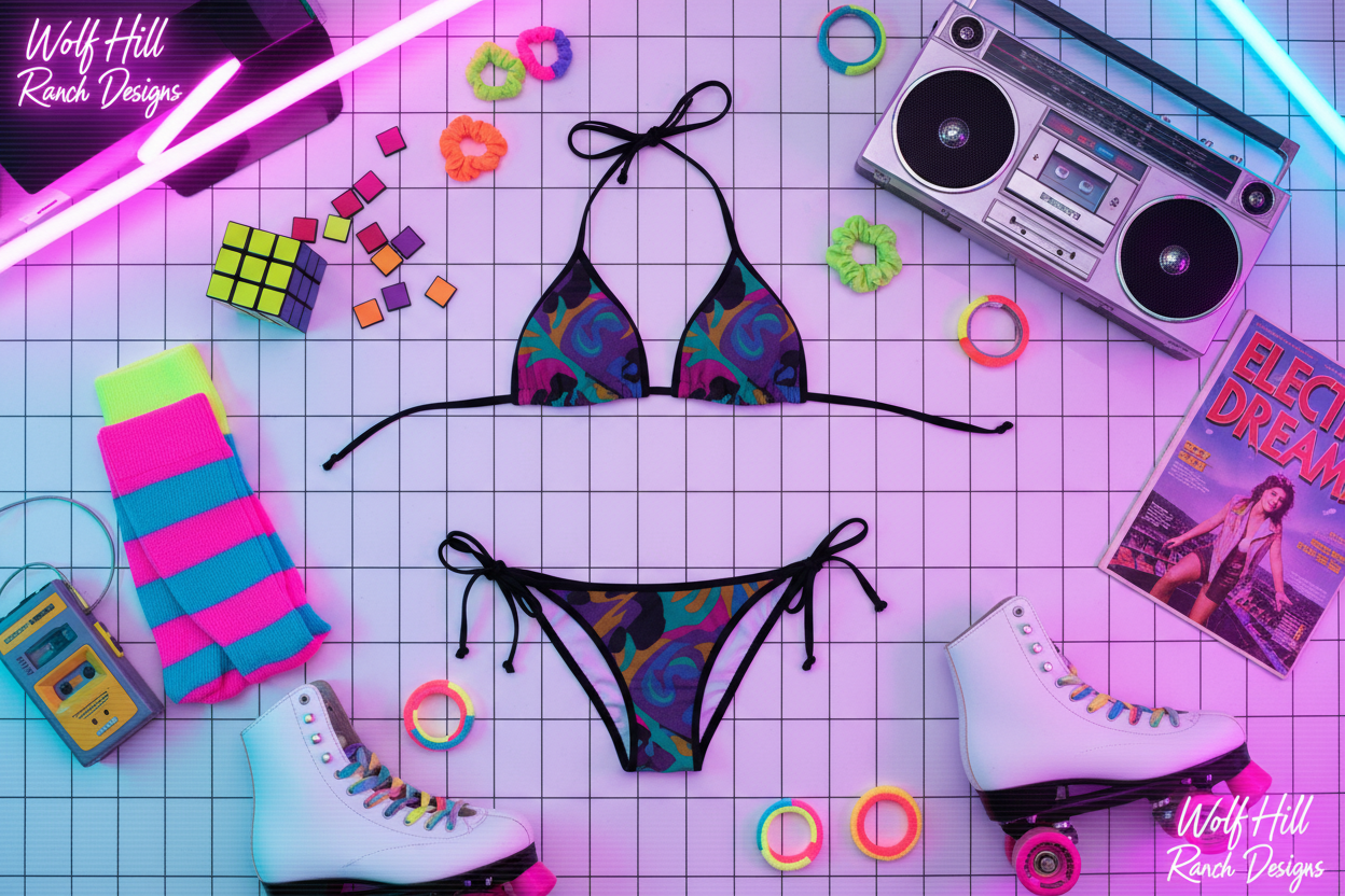 Psychedelic bikini with different 80s items