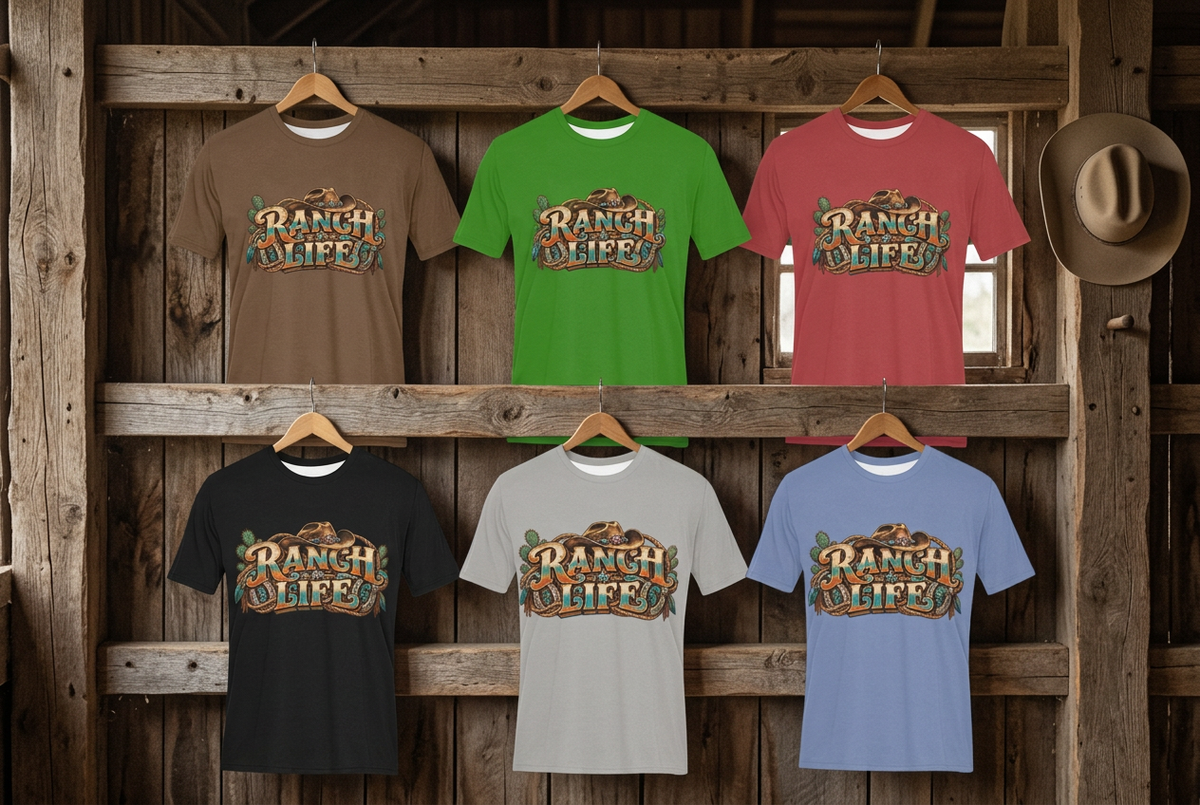Ranch Life tees on wooden hangers against a western barnwood backdrop