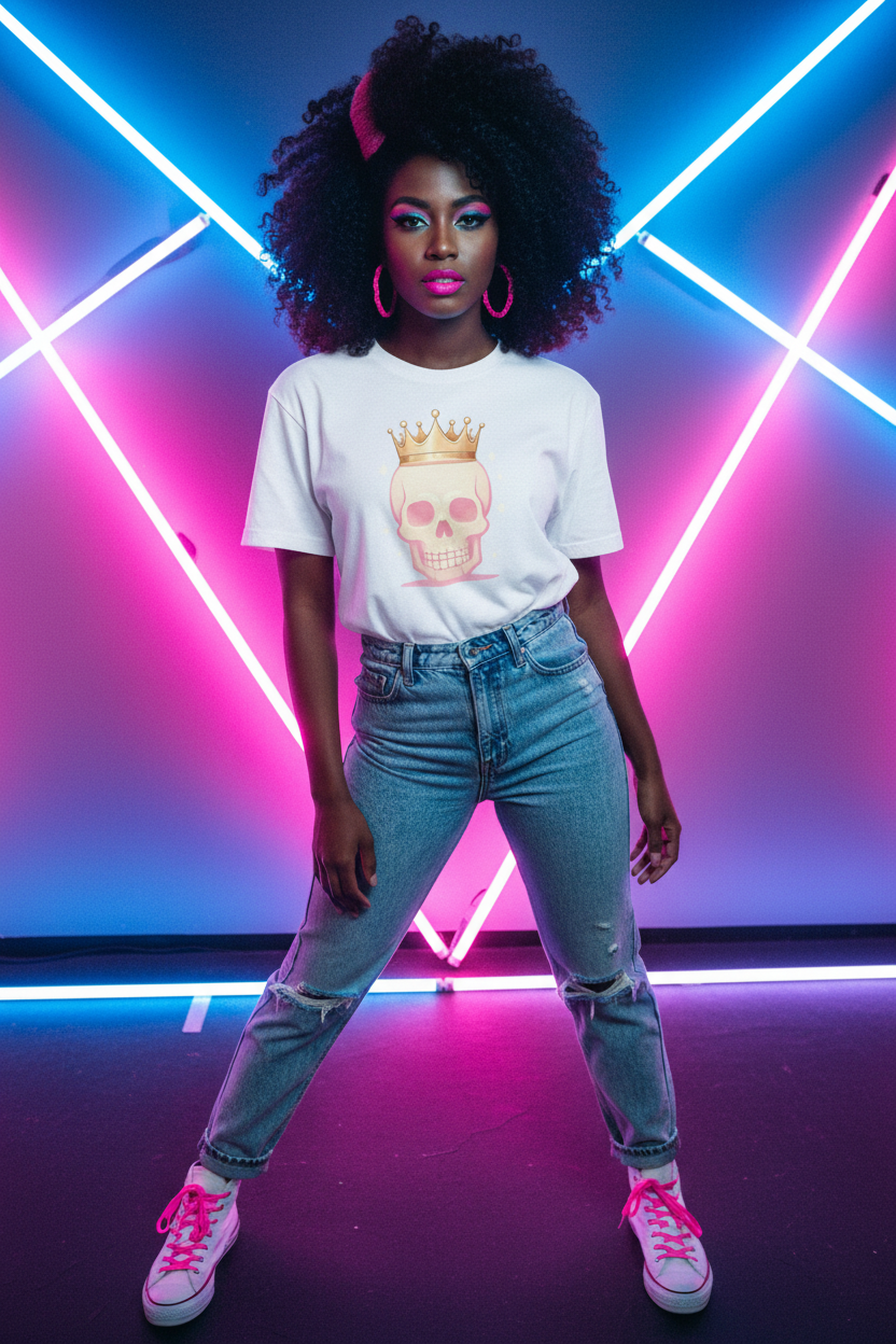 Realistic 80s mockup of Black woman wearing Crowned Skull Tee