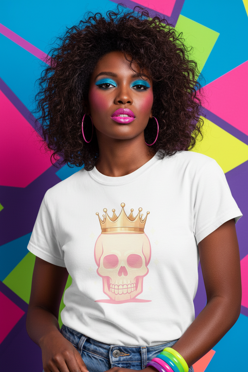Realistic 80s mockup of Black woman wearing Crowned Skull Tee
