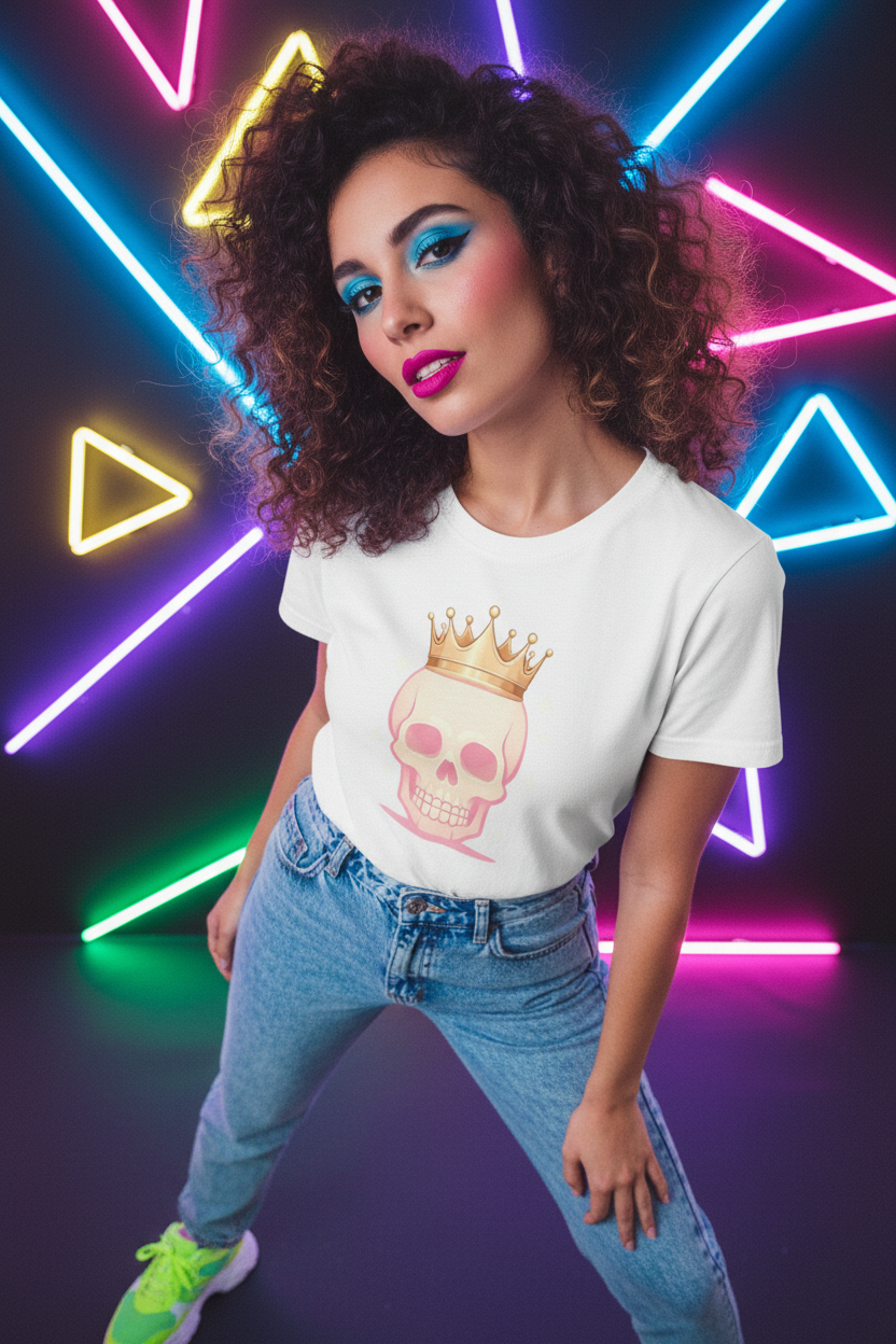 Realistic 80s mockup of Spanish woman wearing Crowned Skull Tee