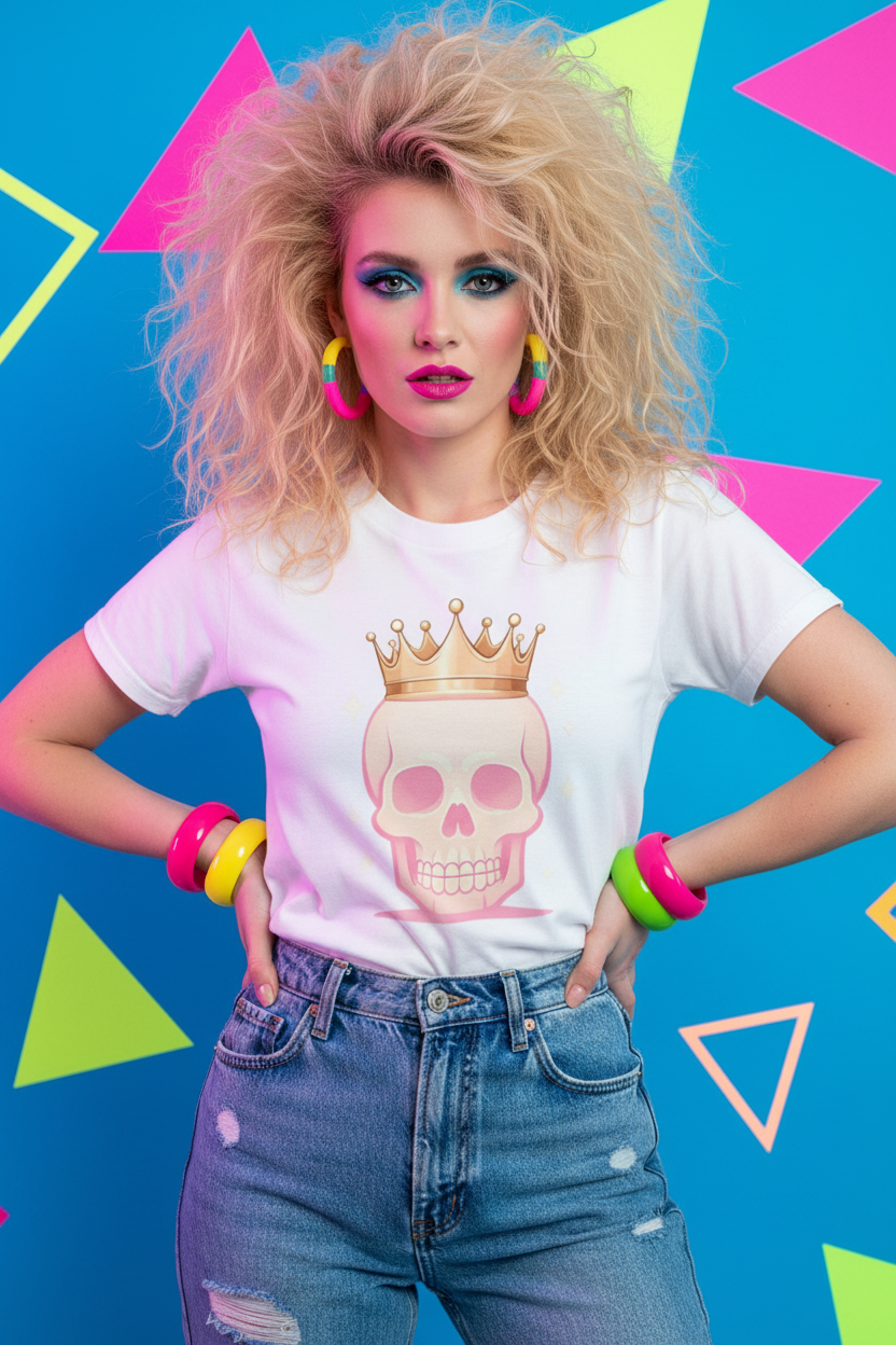 Realistic 80s retro mockup of woman wearing Crowned Skull Tee