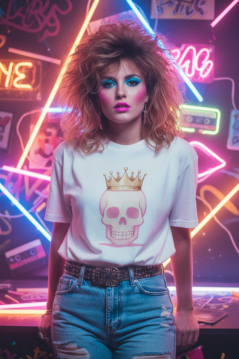Realistic 80s vibe mockup of woman wearing Crowned Skull Tee