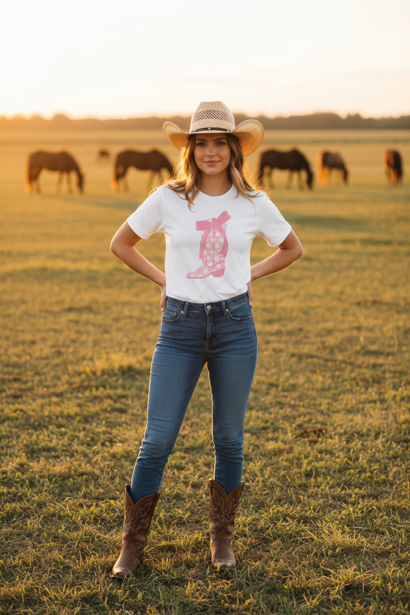 Realistic cowgirl mockup in open field with horses