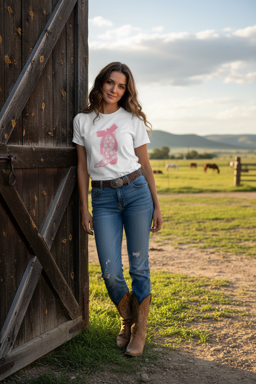 Realistic cowgirl mockup leaning against fence