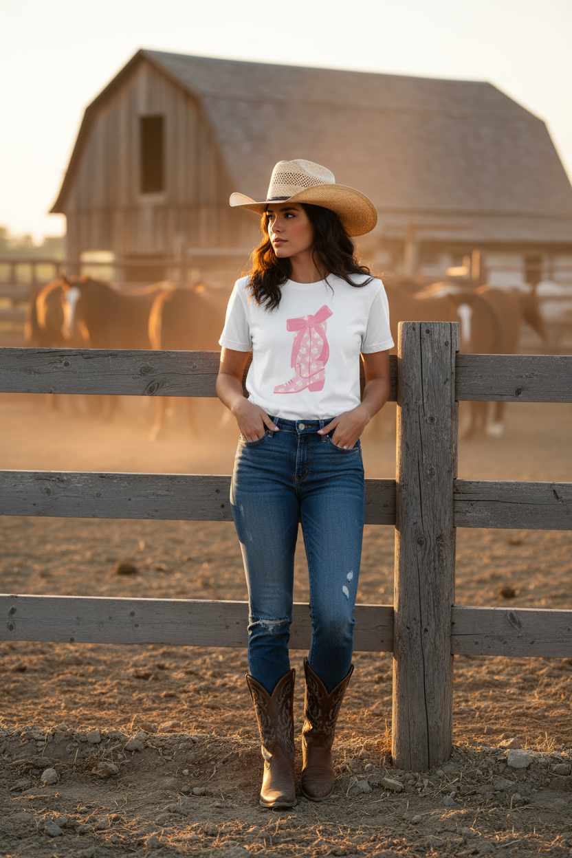 Realistic cowgirl mockup with pink boot graphic tee
