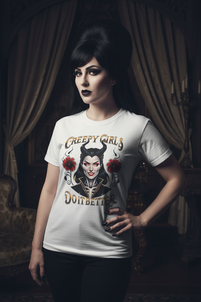 Realistic Elvira/vampira style mockup with creepy girl tee