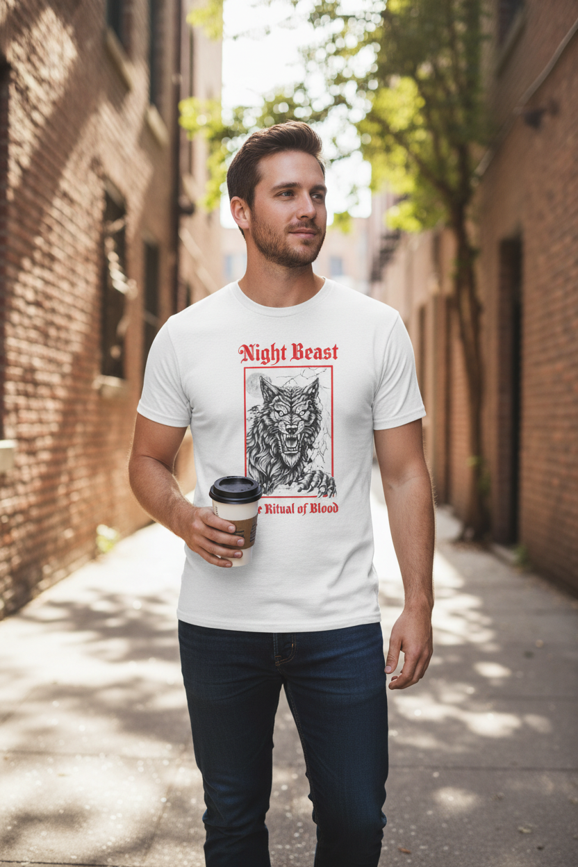 Realistic Lifestyle Mockup - Guy Wearing Night Beast Wolf Tee