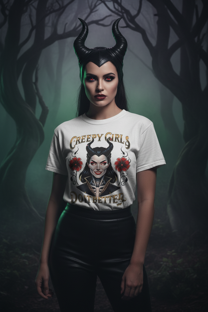 Realistic Maleficent look-alike mockup with creepy girl tee