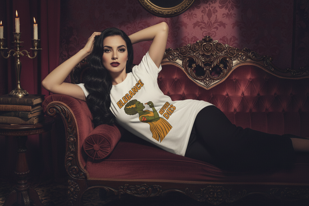 Reclining on vintage chaise lounge with Victorian decor