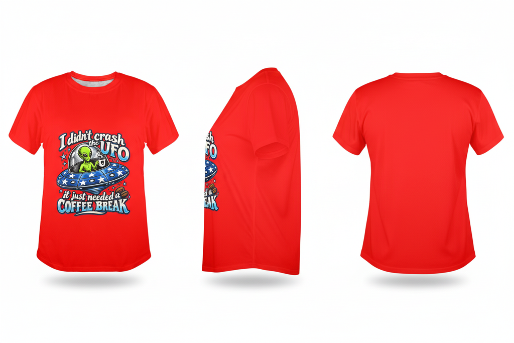 Red alien coffee break tee mockup, front side and back views