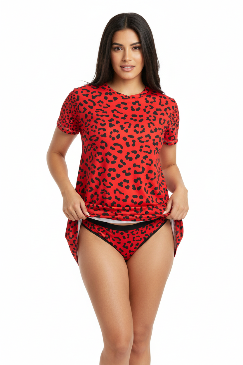 Red Leopard Print T-Shirt Dress — Bold Animal Print Mini Dress