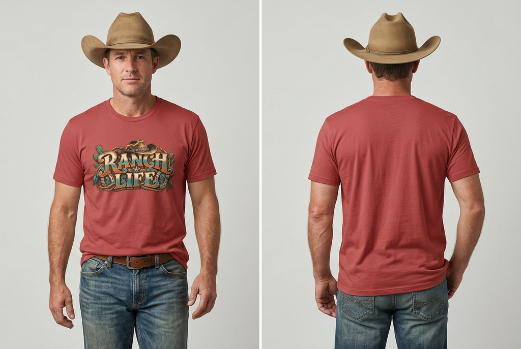 Red Ranch Life tee front and back cowboy studio mockup