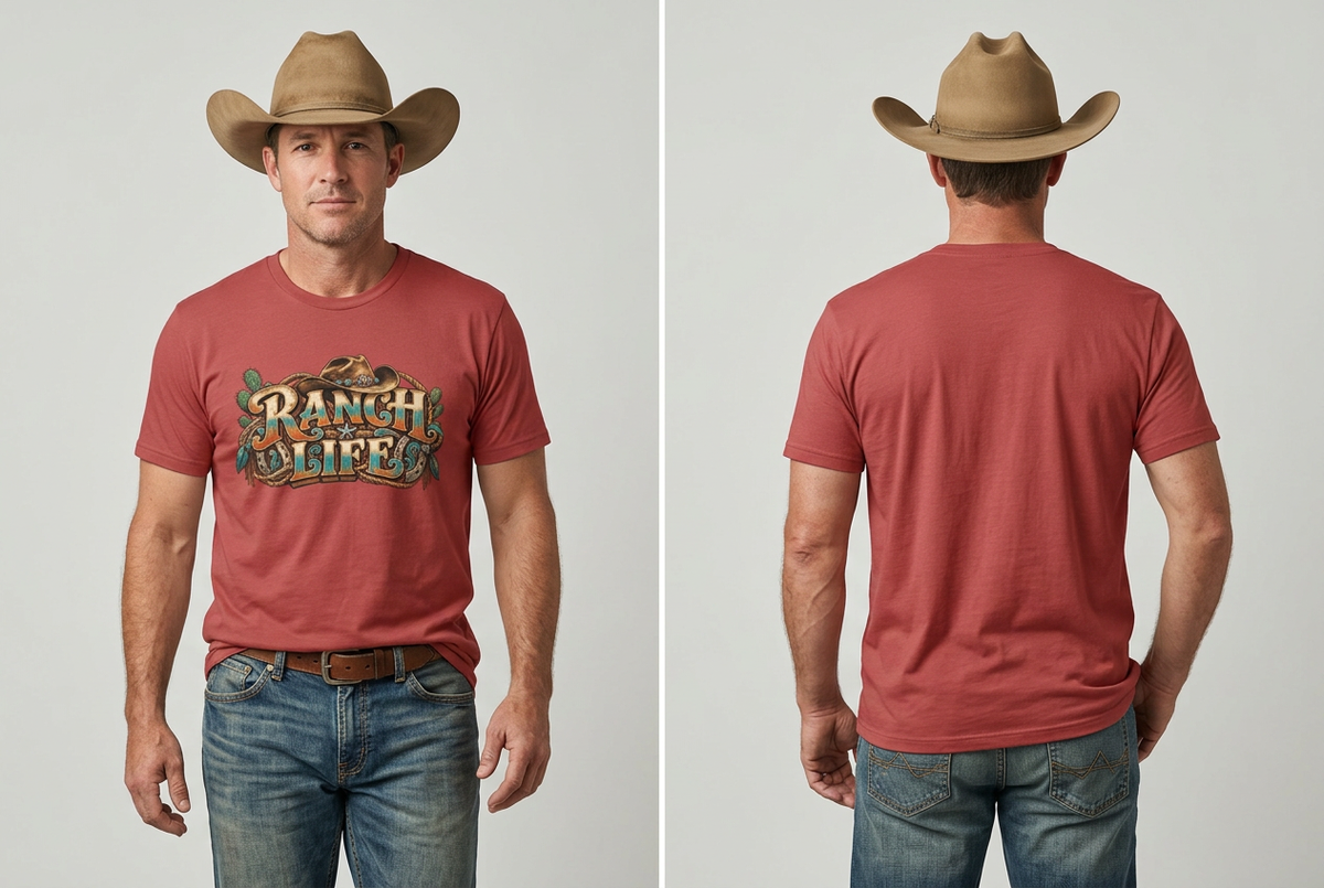 Red Ranch Life tee front and back cowboy studio mockup