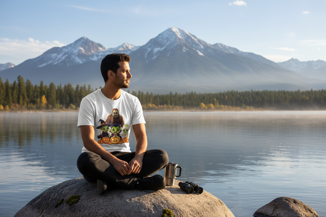 Relaxing by lake or river with mountains