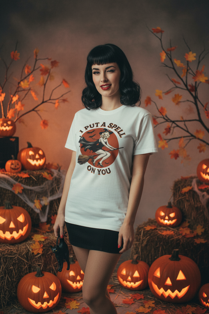Retro pin-up with jack-o-lanterns and autumn decor