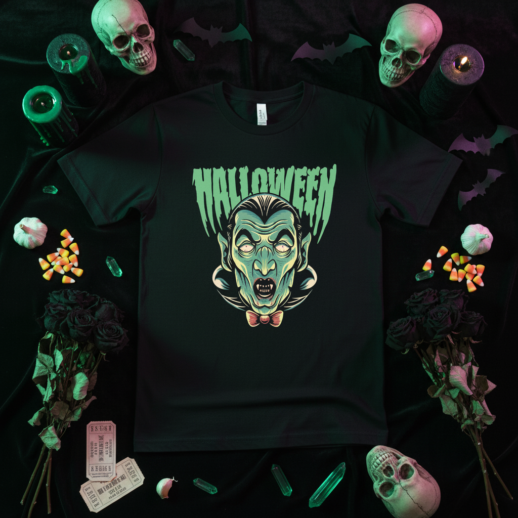 Retro Vampire - Black Tee Flat Lay