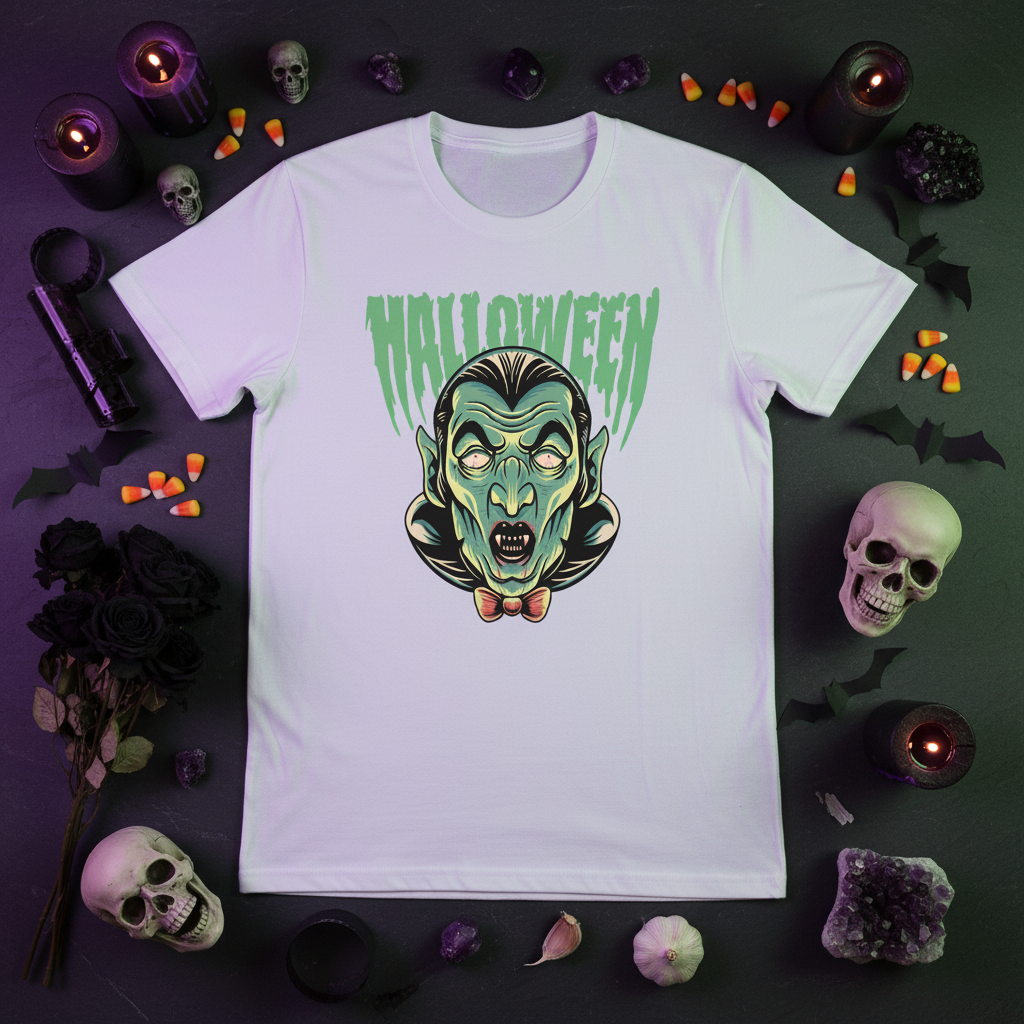 Retro Vampire - White Tee Flat Lay