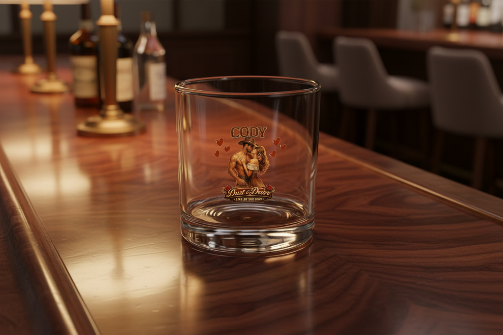 Rocks glass on fancy polished wooden bar