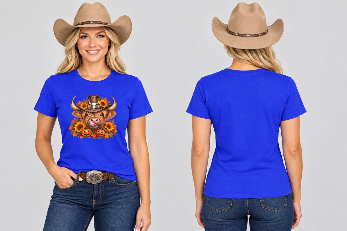 Royal blue Highland Cow Halloween tee, cowgirl front and back studio mockup