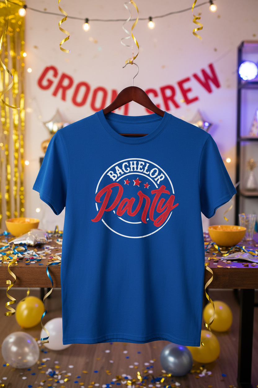 Royal blue vintage retro groom crew tee on hanger in party room