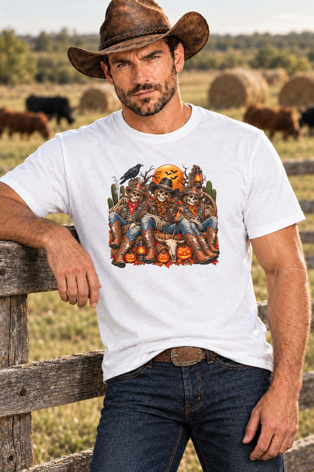 Rugged cowboy in the white skeleton cowboy tee leaning against a ranch fence with round hay bales behind him