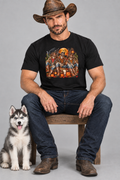 Rugged cowboy seated in the black skeleton cowboy tee with his husky puppy beside him