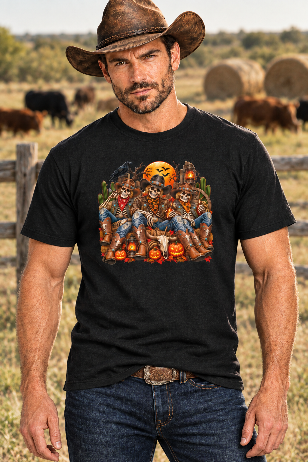 Rugged cowboy wearing the black skeleton cowboy tee on a ranch with hay rolls and grazing cows