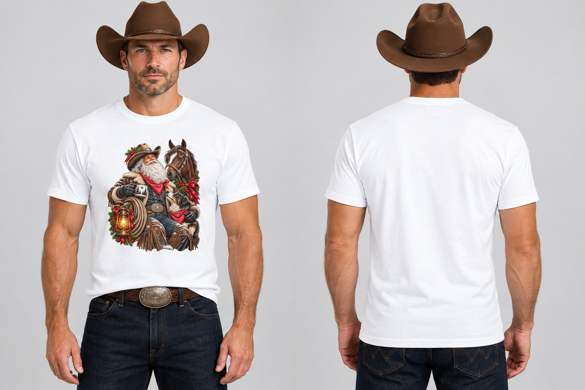 Rugged cowboy wearing the white Cowboy Santa tee, front and back studio mockup