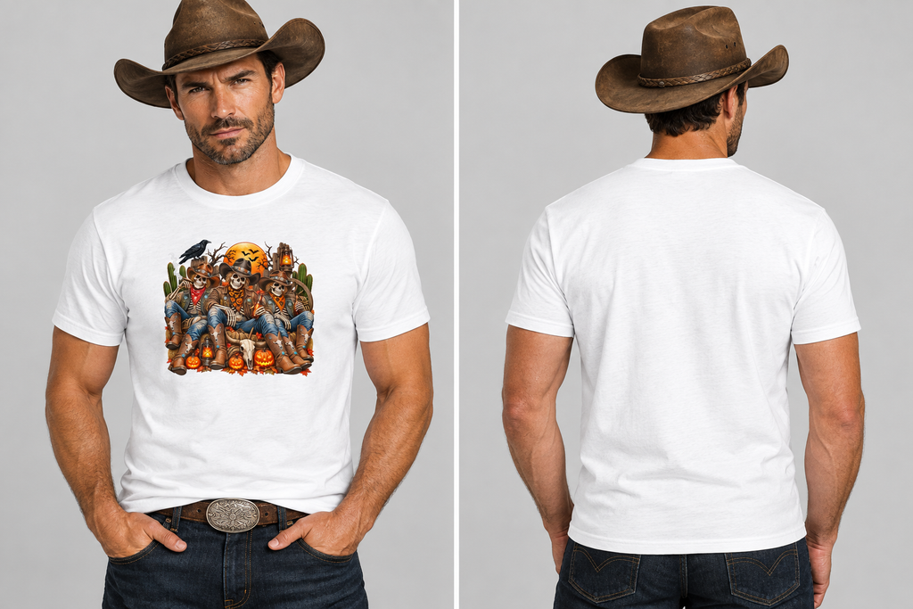 Rugged cowboy wearing the white skeleton cowboy tee, front and back