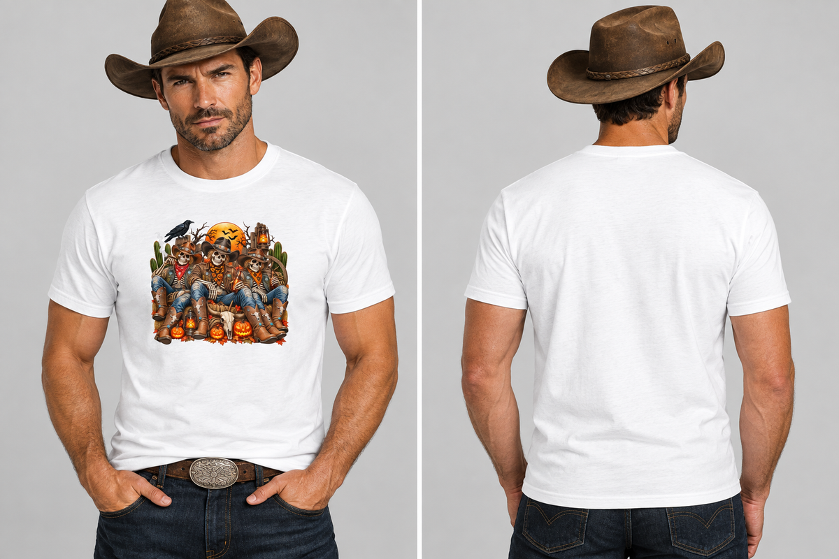 Rugged cowboy wearing the white skeleton cowboy tee, front and back