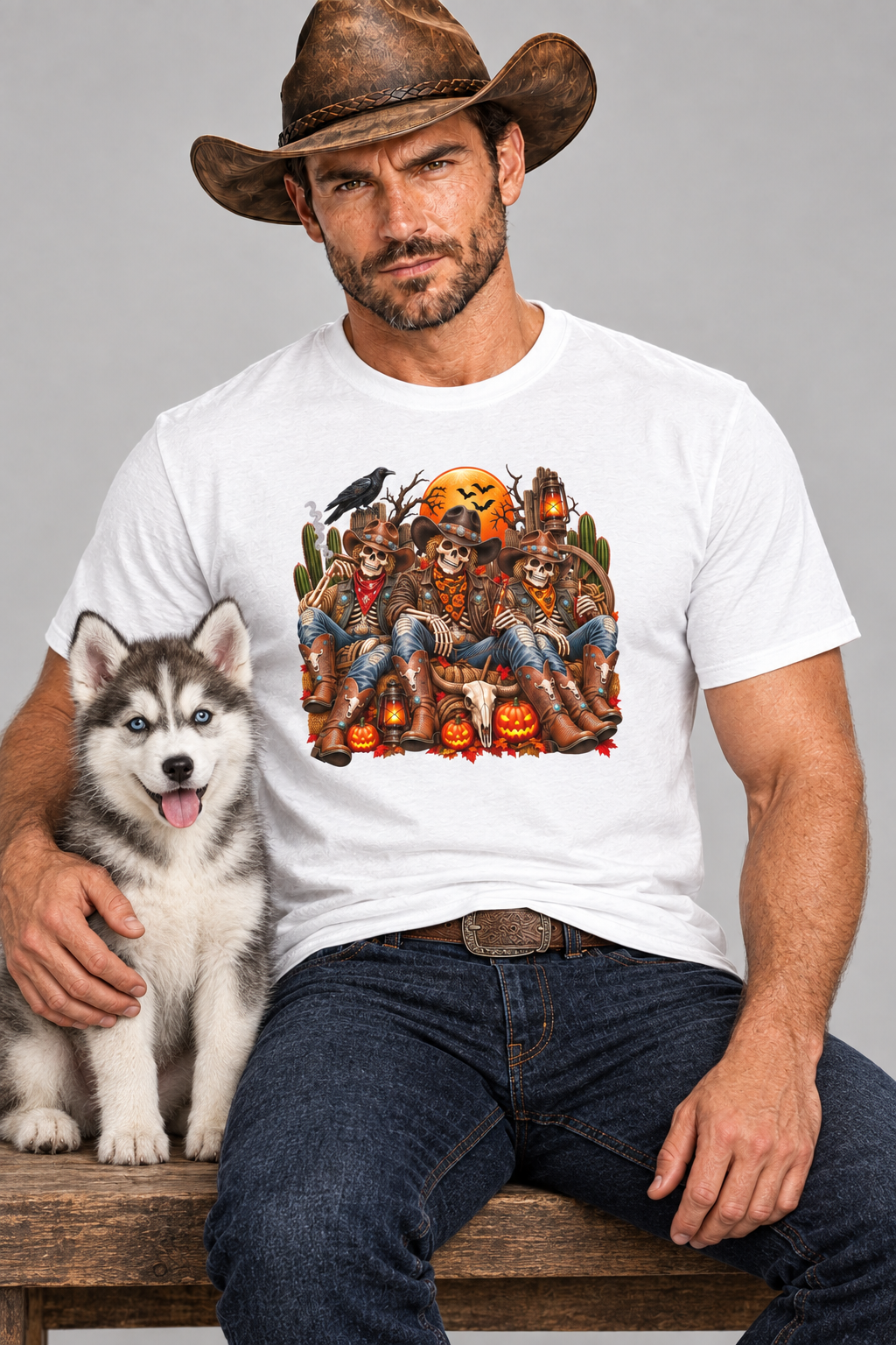 Rugged cowboy wearing the white skeleton cowboy tee, seated beside a husky puppy
