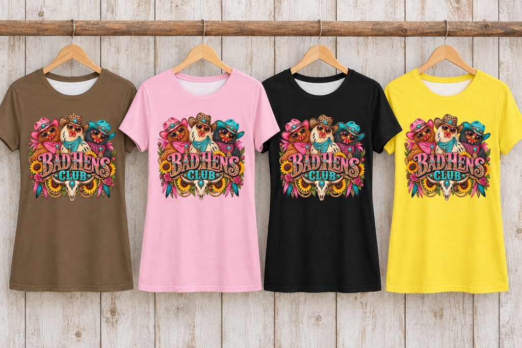 Saddle-brown, pink, black, and yellow Bad Hens Club tees hanging loose with no knots