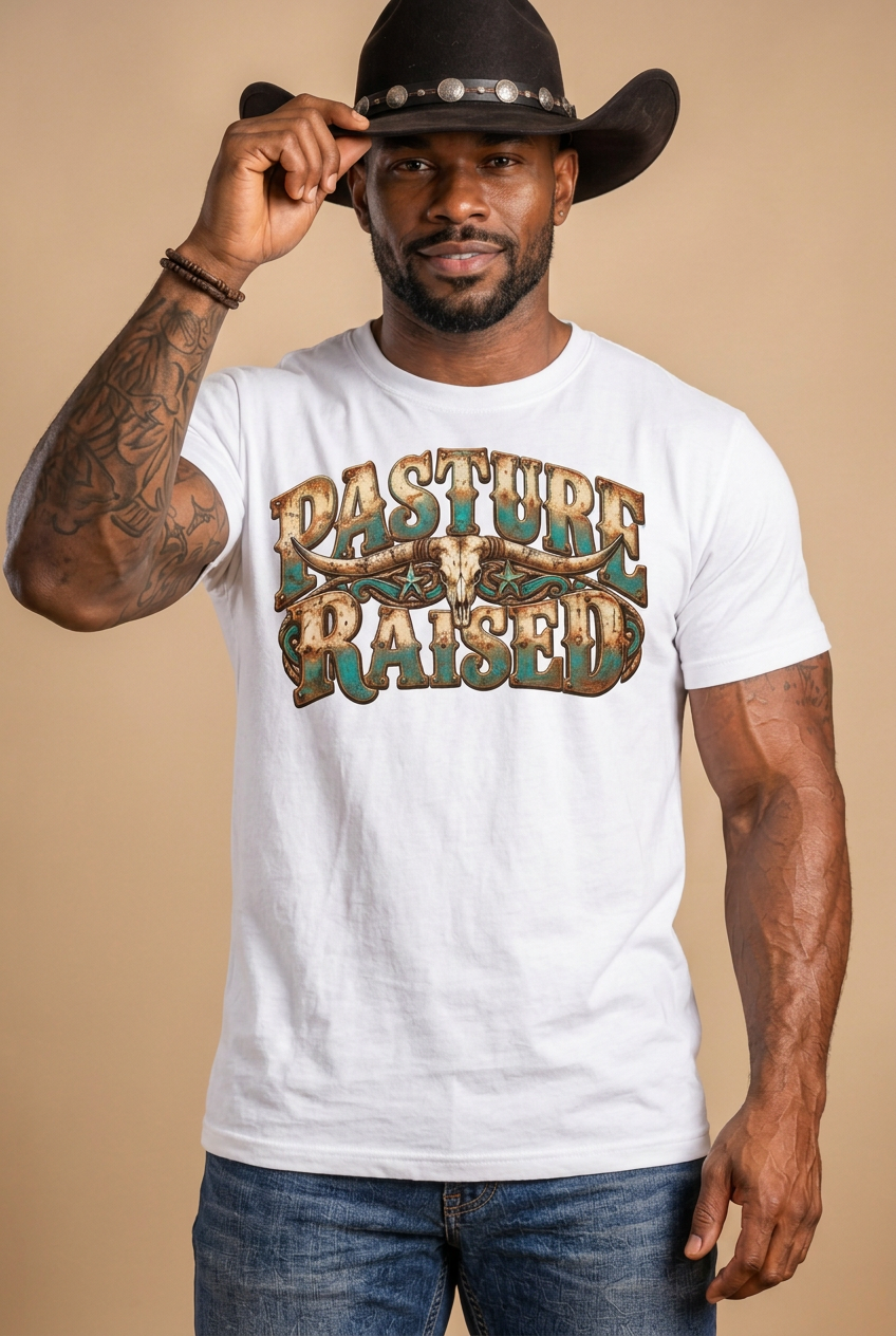 Same Black cowboy in the white Pasture Raised tee tipping his hat on a clean cream backdrop