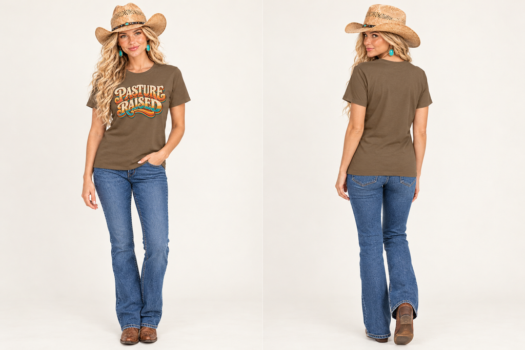 Same blonde cowgirl in the brown Pasture Raised tee, fresh front and back poses on a clean studio background