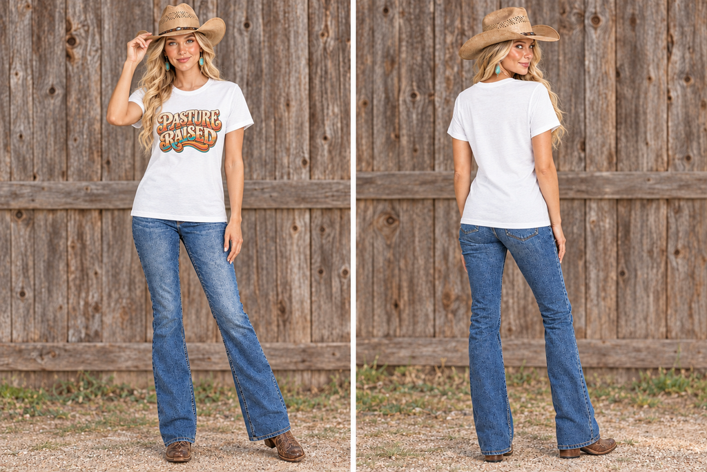 Same blonde cowgirl in the white Pasture Raised tee with new front and back poses against rustic barn wood