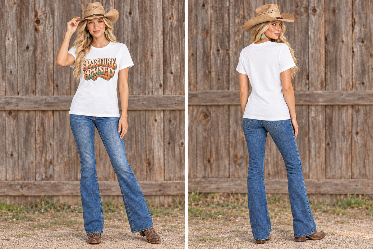 Same blonde cowgirl in the white Pasture Raised tee with new front and back poses against rustic barn wood