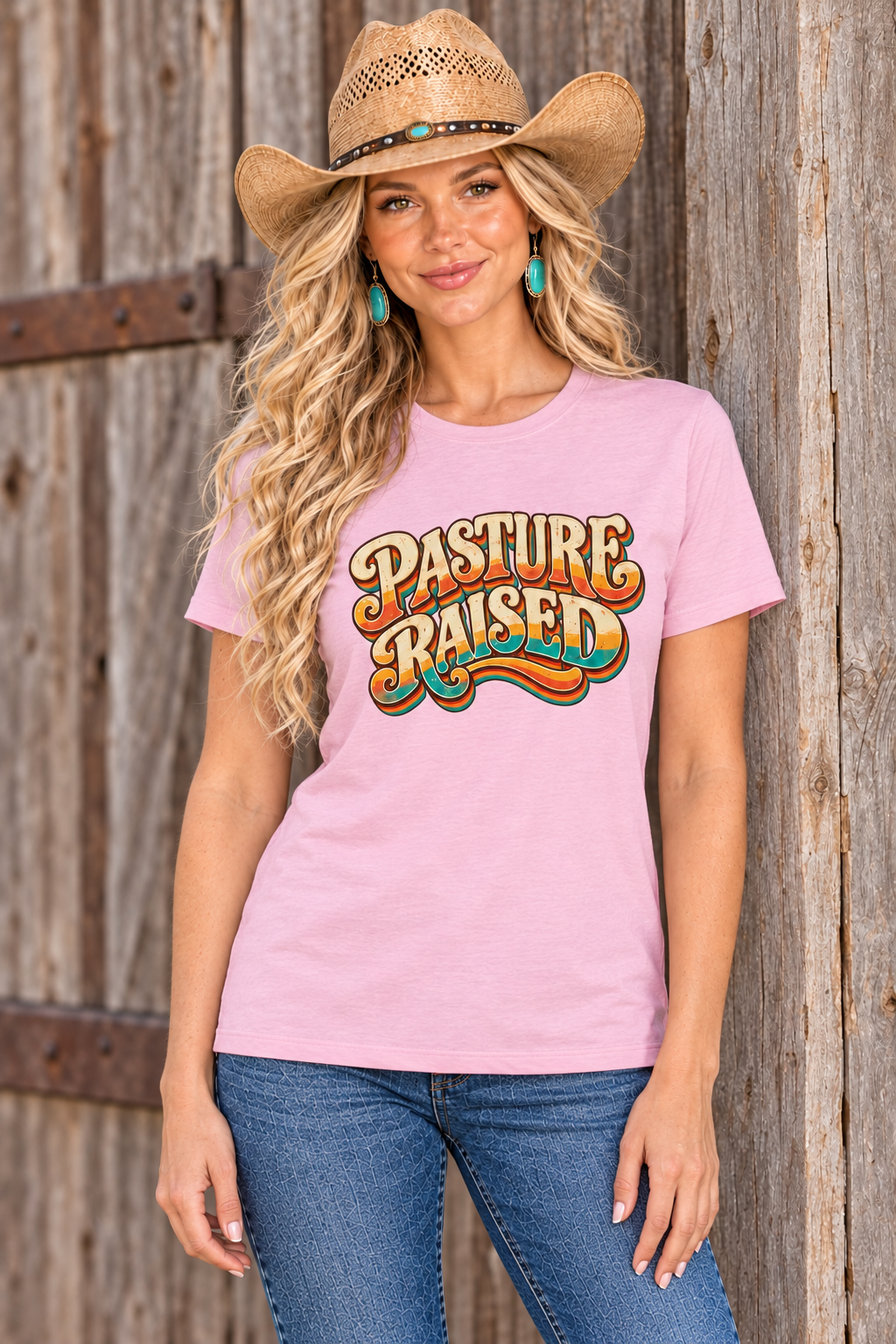 Same blonde cowgirl wearing the pink Pasture Raised tee against a rustic barn backdrop