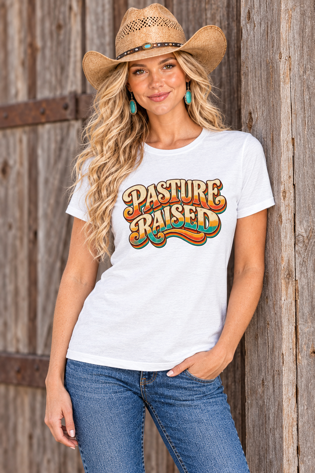 Same blonde cowgirl wearing the white Pasture Raised tee in a relaxed barn-door pose