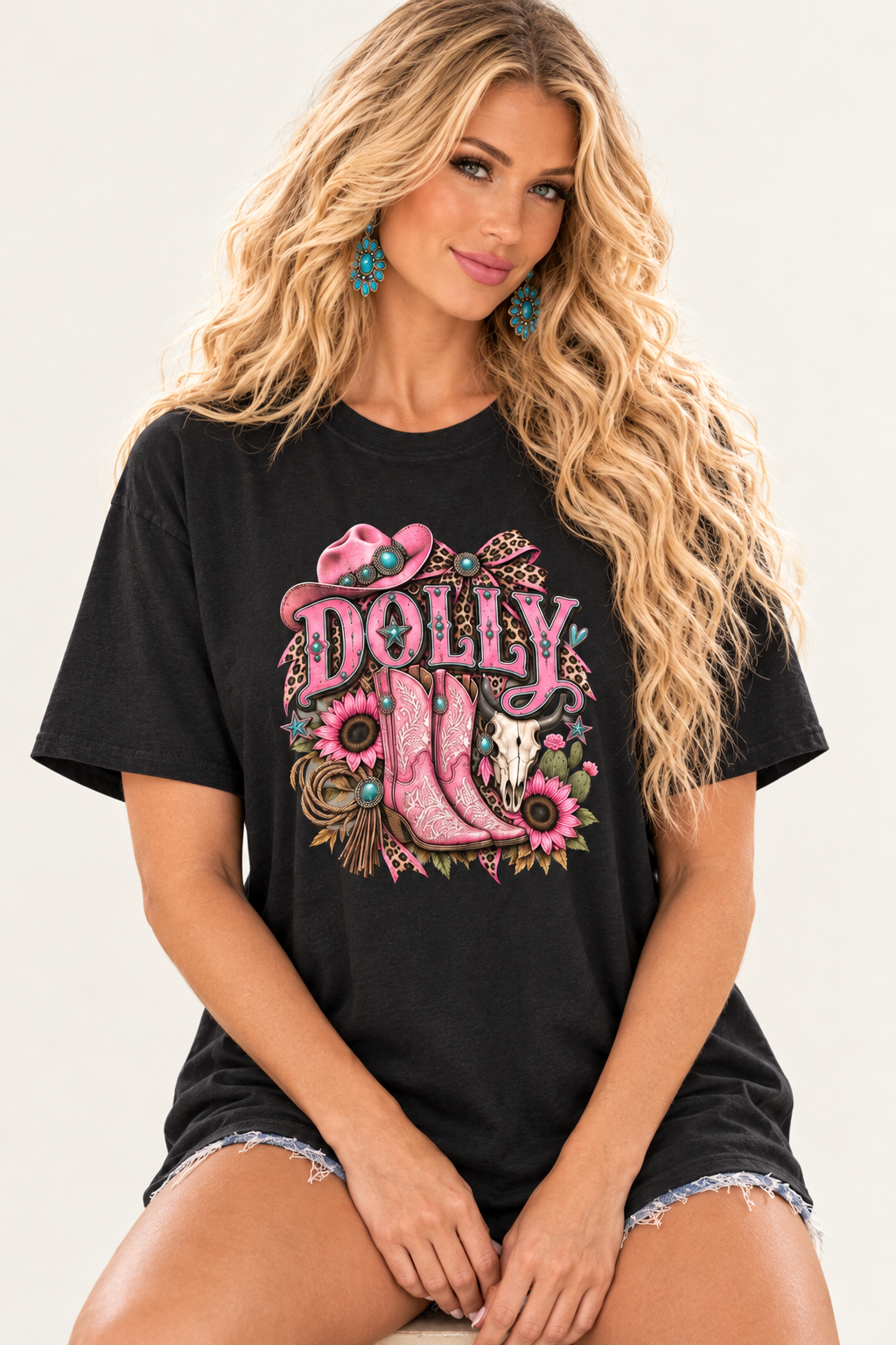 Same blonde model in an oversized black Dolly tee, cozy close-up on a clean ivory background