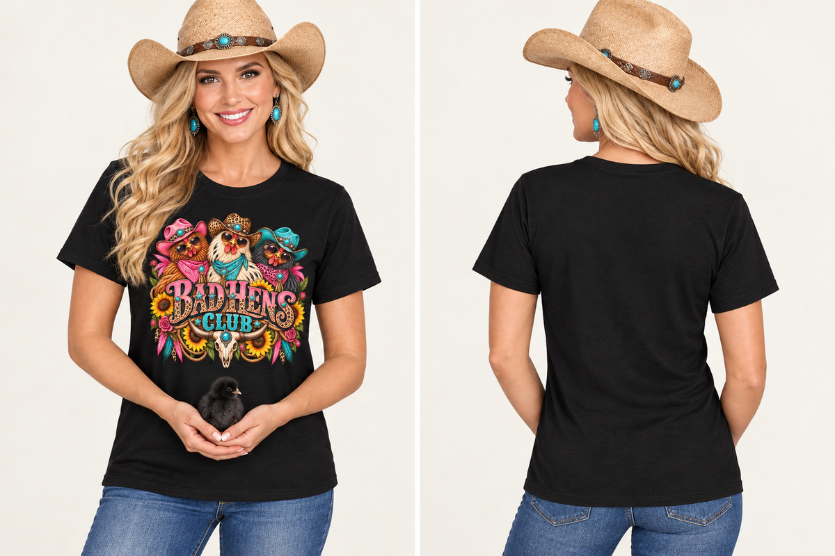 Same cowgirl in the black Bad Hens Club tee, holding a black chick with new front and back poses