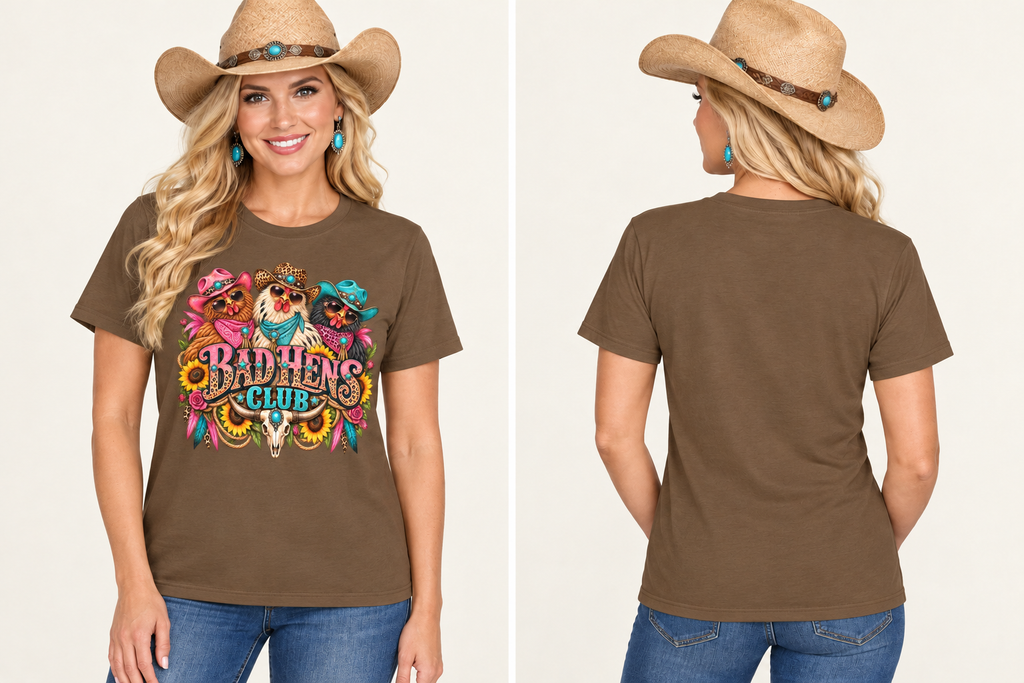 Same cowgirl modeling the saddle-brown Bad Hens Club tee, front and plain back